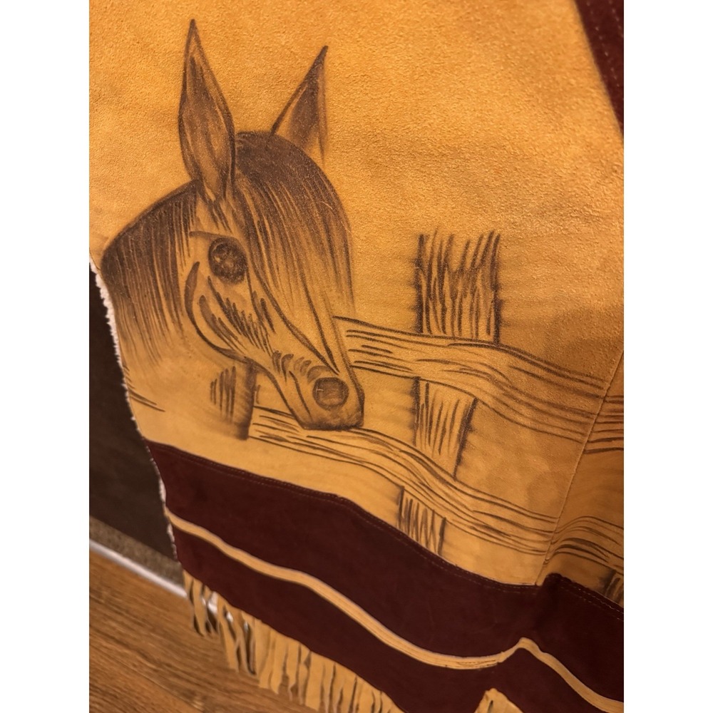 Vtg Western Cowboy Cowgirl Suede Poncho Serape Cape Rodeo Horses Fringe Mexico - Picture 6 of 12